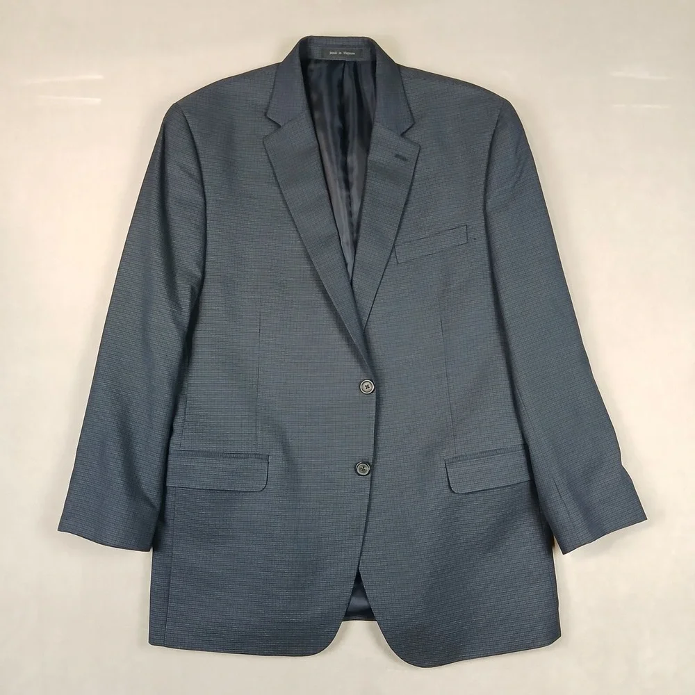 Chaps 44L Mens Sport Coat Jacket‎ Houndstooth Blue Rayon Polyester